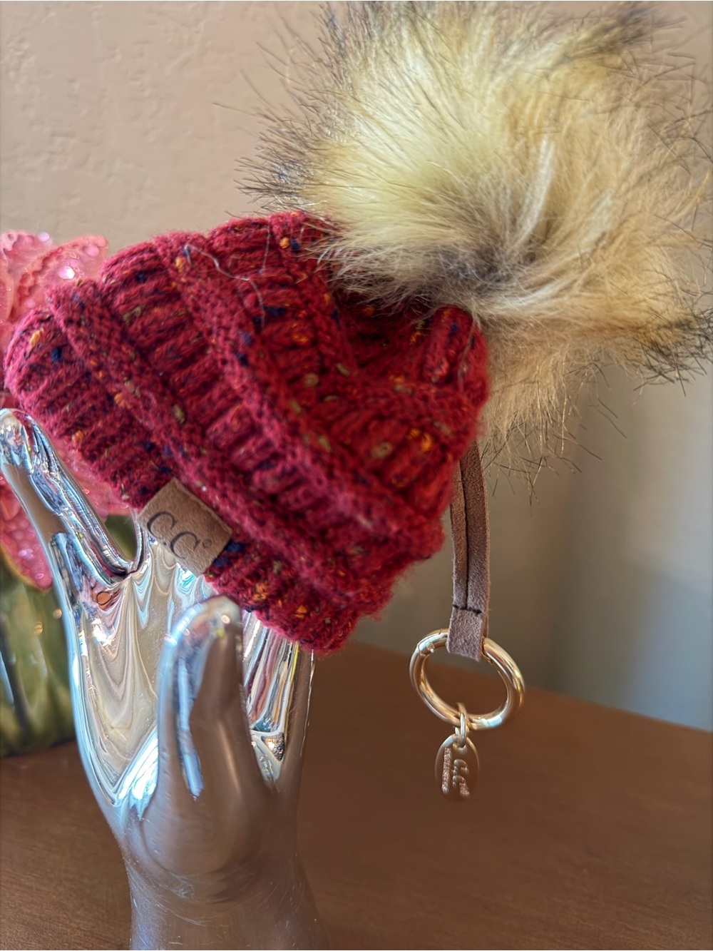 C.C Red Knit Pom Keychain with Faux Fur Pom